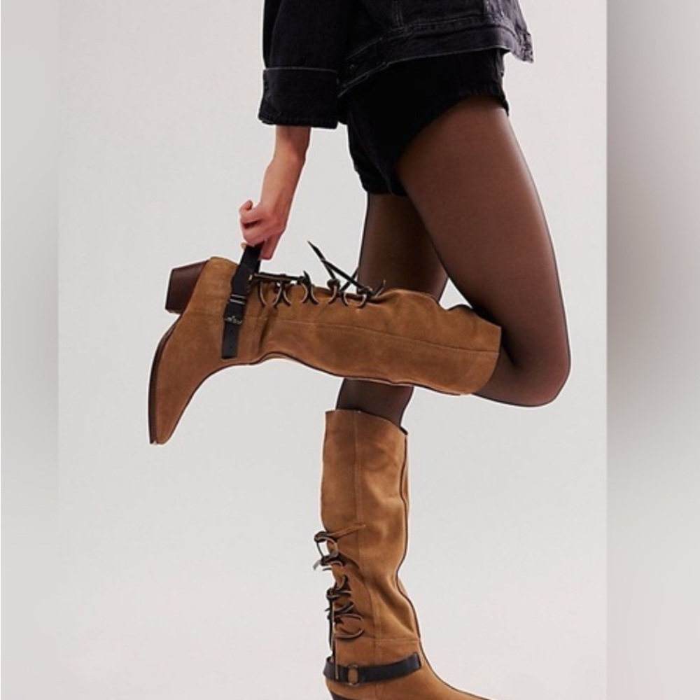 Free People Brown Lace Up Boots with Suede Finish